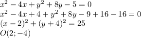 x^2-4x+y^2+8y-5=0\\
x^2-4x+4+y^2+8y-9+16-16=0\\
(x-2)^2+(y+4)^2=25\\
O(2;-4)