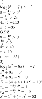 1)\\
log_{\frac{1}{6}}(8-\frac{4x}{5})-2\\
8-\frac{4x}{5}6^{2}\\
 - \frac{4x}{5}28\\
 4x<-140\\
 x<-35\\
ODZ\\
8-\frac{4x}{5}0\\
\frac{4x}{5}<8\\
4x<40\\
x<10\\
(-oo;-35)\\
2)\\
log_\frac{1}{3}(x^2+8x)=-2\\
x^2+8x=3^{2}\\
x^2+8x-9=0\\
D=64+4*1*9=10^2 \\
x_{1}=\frac{-8+10}{2}=1\\
x_{2}=\frac{-8-10}{2}=-9\\
S=1^2+(-9)^2=82