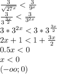 \frac{3}{\sqrt{27^x}}<\frac{3}{9^x}\\
 \frac{3}{3^{\frac{3x}{2}}} < \frac{3}{3^{2x}}\\
3*3^{2x}<3*3^{\frac{3x}{2}}\\
2x+1<1+\frac{3x}{2}\\
0.5x<0\\
x<0\\
(-oo;0)