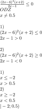 \frac{(2x-6)^2(x+2)}{2x-1} \leq 0\\
 ODZ\\
 x \neq 0.5\\
\\
1)\\
(2x-6)^2(x+2) \leq 0\\
2x-10\\
\\
2)\\
(2x-6)^2(x+2) \geq 0\\
2x-1<0\\
\\
1)\\
x \leq -2\\
x0.5\\
2)\\
x \geq -2\\
x<0.5\\
|-2;0.5)