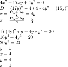 4x^2-17xy+4y^2=0\\
D= (17y)^2-4*4*4y^2 = (15y)^2\\
 x=\frac{17y+15y}{8}=4y\\
 x=\frac{17y-15y}{8} =\frac{y}{4}\\

1) (4y)^2*y+4y*y^2=20\\
 16y^3+4y^3=20\\
 20y^3=20\\
 y=1\\
 x=4\\
 y=4\\
 x=1
