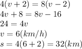 4(v+2)=8(v-2)
\\\
4v+8=8v-16
\\\
24=4v
\\\
v=6(km/h)
\\\
s=4(6+2)=32(km)