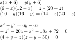 x(x+6)=y(y+6)\\
(6-x)(12-x)=z*(20+z)\\
(10-y)(16-y)=(14-z)(20-z)\\
\\
x^2-y^2=6y-6x\\
-z^2-20z+x^2-18x+72=0\\
(4+y-z)(z+y-30)=0


