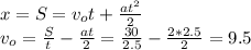 x = S = v_ot+ \frac{at^2}{2} \\
v_o= \frac{S}{t} - \frac{at}{2} = \frac{30}{2.5}- \frac{2*2.5}{2} = 9.5