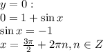y=0:
\\\
0=1+\sin x
\\\
\sin x=-1
\\\
x= \frac{3 \pi }{2}+2 \pi n,n\in Z