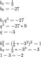 b_{1}=\frac{1}{9} \\
b_{6}=-27\\\\
b_{1}q^5=-27\\
q^5=-27*9\\
q=-3\\
\\
b_{3}^2=(\frac{1}{9}*-3^2)^2 = 1\\
b_{4}=\frac{1}{9}*-3^3 = -3\\
1-3=-2