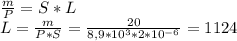 \frac{m}{P}=S*L\\
L=\frac{m}{P*S}=\frac{20}{8,9*10^{3}*2*10^{-6}}=1124