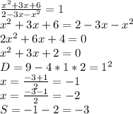 \frac{x^2+3x+6}{2-3x-x^2}=1\\
 x^2+3x+6 = 2-3x-x^2\\
 2x^2+6x + 4=0\\
 x^2+3x+2=0\\
 D=9-4*1*2 = 1^2\\
 x=\frac{-3+1}{2}=-1\\
 x=\frac{-3-1}{2}=-2\\
 S=-1-2=-3