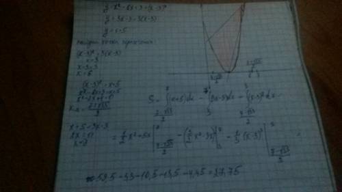 Вычислить площадь фигуры, ограниченной линиями у = х2 − 6х + 9,у = 3х − 9, х − у +5 = 0