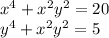 x^4+x^2y^2=20\\
y^4+x^2y^2=5\\
\\
