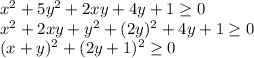 x^2+5y^2+2xy+4y+1 \geq 0\\
x^2+2xy+y^2+(2y)^2+4y+1 \geq 0\\
(x+y)^2+(2y+1)^2 \geq 0