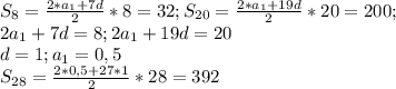 S_{8}=\frac{2*a_{1}+7d}{2}*8=32;S_{20}=\frac{2*a_{1}+19d}{2}*20=200;\\
2a_{1}+7d=8;2a_{1}+19d=20\\
d=1;a_{1}=0,5\\
S_{28}=\frac{2*0,5+27*1}{2}*28=392