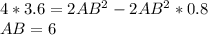 4*3.6=2AB^2-2AB^2*0.8\\
AB=6