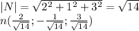 |N|=\sqrt{2^2+1^2+3^2}=\sqrt{14}\\
n(\frac{2}{\sqrt{14}};-\frac{1}{\sqrt{14}}; \frac{3}{\sqrt{14}})
