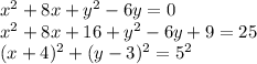 x^2+8x+y^2-6y=0
\\\
x^2+8x+16+y^2-6y+9=25
\\\
(x+4)^2+(y-3)^2=5^2