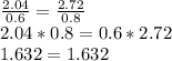 \frac{2.04}{0.6}= \frac{2.72}{0.8} \\ 
2.04*0.8=0.6*2.72 \\ 1.632=1.632
