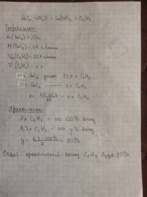 Дано: m(cac2)=20г решение: v(c2h2)=6,3л cac2+h2o-> ca(oh)2+c2h2 найти w(практический решить