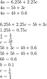 4a=6.25b+2.25c\\
4a=5b+3c\\
4a=4b+0.6\\
\\
6.25b+2.25c=5b+3c\\
1.25b=0.75c\\
\frac{c}{b}=\frac{5}{3}\\
c=\frac{5b}{3}\\
5b+3c=4b+0.6\\
5b+5b=4b+0.6\\
6b=0.6\\
b=0.1\\
c=\frac{1}{6}\\
a=\frac{1}{4}
