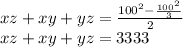 xz+xy+yz=\frac{100^2-\frac{100^2}{3}}{2}\\
xz+xy+yz=3333