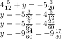 4 \frac{5}{12} +y=-5 \frac{3}{20} \\ 
y=-5 \frac{3}{20}-4 \frac{5}{12} \\ 
y=-5 \frac{9}{60}-4 \frac{25}{60} \\ 
y=-9 \frac{34}{60} =-9 \frac{17}{30}