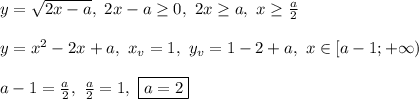 y = \sqrt{2x - a}, \ 2x - a \geq 0, \ 2x \geq a, \ x \geq \frac{a}{2}\\\\
y = x^2 - 2x + a, \ x_v = 1, \ y_v = 1 - 2 + a, \ x \in [a - 1; +\infty)\\\\
a - 1 = \frac{a}{2}, \ \frac{a}{2} = 1, \ \boxed{a = 2}
