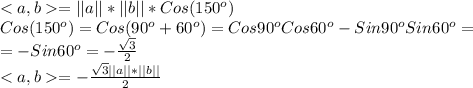 <a,b=||a||*||b||*Cos(150^o)\\
Cos(150^o)=Cos(90^o+60^o)=Cos90^oCos60^o-Sin90^oSin60^o=\\
=-Sin60^o=-\frac{\sqrt{3}}{2}\\ <a,b=-\frac{\sqrt{3}||a||*||b||}{2}