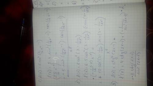 Найдите производную функции f(x)=5 sin^4(1/16x^4-1) ; 2)f(x)=6 cos^5(3-1/12x^4). 3)f(x)=ctg^4(2x-1)