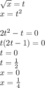 \sqrt{x}=t\\
x=t^2\\
\\
2t^2-t=0\\
t(2t-1)=0\\
t=0\\
t=\frac{1}{2}\\
x=0\\
x=\frac{1}{4}