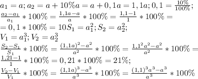 a_{1}=a;
a_{2}=a+10\%a=a+0,1a=1,1a; 0,1= \frac{10\%}{100\%};\\
\frac{a_{2}-a_{1}}{a_{1}}*100\%= \frac{1,1a-a}{a}*100\%= \frac{1,1-1}{1}*100\%=\\
=0,1*100\%=10%; 
S_{1}=a_{1}^2; S_{2}=a_{2}^2;\\
V_{1}=a_{1}^3; V_{2}=a_{2}^{3}\\
 \frac{S_{2}-S_{1}}{S_{1}}*100\%= \frac{(1,1a)^2-a^2}{a^2}*100\%= \frac{1,1^2a^2-a^2}{a^2}*100\%=\\
 \frac{1,21-1}{1}*100\%=0,21*100\%=21\%;\\
 \frac{V_{2}-V_{1}}{V_{1}}*100\%= \frac{(1,1a)^3-a^3}{a^3}*100\%= \frac{(1,1)^3a^3-a^3}{a^3}*100\%\\
