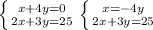 \left \{ {{x+4y=0} \atop {2x+3y=25}} \right.
 \left \{ {{x=-4y} \atop {2x+3y=25}} \right.