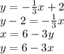 y= - \frac{1}{3}x+2
\\\
y-2= - \frac{1}{3}x
\\\
x=6-3y
\\\
y=6-3x