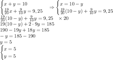 \begin{cases}x+y=10\\\frac{19}{20}x+\frac9{10}y=9,25\end{cases}\Rightarrow\begin{cases}x=10-y\\\frac{19}{20}(10-y)+\frac9{10}y=9,25\end{cases}\\
\frac{19}{20}(10-y)+\frac9{10}y=9,25\;\;\;\times20\\19(10-y)+2\cdot9y=185\\190-19y+18y=185\\-y=185-190\\y=5\\\begin{cases}x=5\\y=5\end{cases}