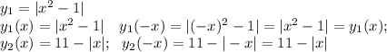 y_1=|x^2-1|\\
y_1(x)=|x^2-1|\ \ \ y_1(-x)=|(-x)^2-1|=|x^2-1|=y_1(x);\\
y_2(x)=11-|x|;\ \ y_2(-x)=11-|-x|=11-|x|