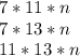 7*11*n\\ 
7*13*n\\
11*13*n