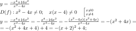 y=\frac{-x^4+16x^2}{x^2-4x}\\ D(f): x^2-4x\neq0;\ \ \ x(x-4)\neq0\ \ \ \left[ {{x\neq0} \atop {x\neq4}} \right.\\
y=\frac{-x^4+16x^2}{x^2-4x}=-\frac{x^4-16x^2}{x^2-4x}=-\frac{(x^2-4x)(x^2+4x)}{x^2-4x}=-(x^2+4x)=\\
=-(x^2+4x+4)+4=-(x+2)^2+4;