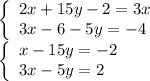 \left\{\begin{array}{l}
2x+15y-2=3x\\
3x-6-5y=-4
\end{array}\right.\\
\left\{\begin{array}{l}
x-15y=-2\\
3x-5y=2
\end{array}\right.