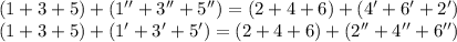 
(1+3+5)+(1''+3''+5'')=(2+4+6)+(4'+6'+2') \\
(1+3+5)+ (1'+3'+5') =(2+4+6)+(2''+4''+6'')