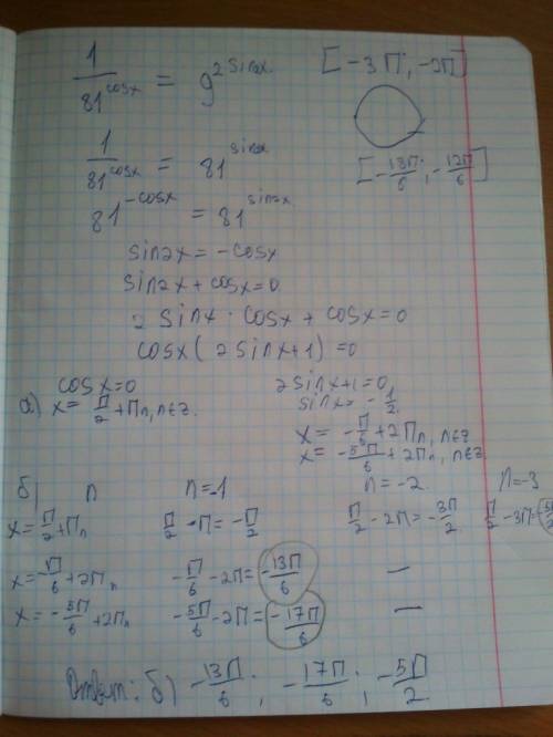А) решите уравнение 1/81^ (cosx)= 9^( 2sin2x) б)найдите все корни принадлежащие отрезку (-3п; -2п)