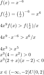 f(x)=x^{-6}\\
\\
f( \frac{1}{x} )=\big( \frac{1}{x}\big)^{-6}=x^6\\
\\
4x^9f(x)f( \frac{1}{x} )/x\\
\\
4x^9\cdot x^{-6}x^6/x\\
\\
4x^3x^5\\
x^3(4-x^2)0\\
x^3(2+x)(x-2)