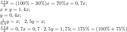 \frac{x+y}{2}=(100\%-30\%)x=70\%x=0,7x;\\
x+y=1,4x;\\
y=0,4x;\\
\frac{1}{0,4}y=x;\ \ 2,5y=x;\\
\frac{x+y}{2}=0,7x=0,7\cdot2,5y=1,75;=175\%=(100\%+75\%)