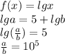 f(x)=lgx\\
lga=5+lgb\\
lg(\frac{a}{b})=5\\
 \frac{a}{b}=10^5