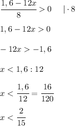 \cfrac{1,6 - 12x}{8} 0 \ \ \ \ | \cdot 8\\\\
1,6 - 12x 0 \\\\
-12x -1,6 \\\\
x < 1,6 : 12 \\\\
x < \cfrac{1,6}{12} = \cfrac{16}{120} \\\\
x < \cfrac{2}{15}