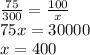 \frac{75}{300} = \frac{100}{x} \\ 
75x= 30000 \\ 
x=400