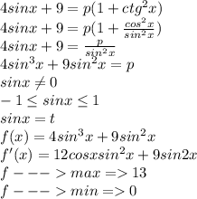 4sinx+9=p(1+ctg^2x)\\
4sinx+9=p(1+\frac{cos^2x}{sin^2x})\\
4sinx+9=\frac{p}{sin^2x}\\
4sin^3x+9sin^2x=p\\
sinx \neq 0\\
 -1 \leq sinx \leq 1\\
 sinx=t\\ 
 f(x)=4sin^3x+9sin^2x\\
 f'(x)=12cosxsin^2x+9sin2x\\
f---max=13\\
f---min=0\\\\

