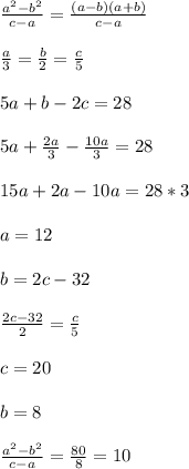 \frac{a^2-b^2}{c-a}=\frac{(a-b)(a+b)}{c-a}\\\\
\frac{a}{3}=\frac{b}{2}=\frac{c}{5}\\\\
5a+b-2c=28\\\\
5a+\frac{2a}{3}-\frac{10a}{3}=28\\\\
 15a+2a-10a=28*3\\\\
 a=12\\\\
 b=2c-32\\\\
\frac{2c-32}{2}=\frac{c}{5}\\\\
c=20\\\\
b=8\\\\
 \frac{a^2-b^2}{c-a}=\frac{80}{8}=10

