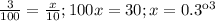 \frac{3}{100} = \frac{x}{10} ;
100x=30;
x = 0.3 кг