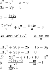 x^2+y^2=x-y\\
3x-2y=5\\\\
x=\frac{5+2y}{3}\\\\
\frac{(5+2y)^2}{9}+y^2=\frac{5+2y}{3}-y\\\\
\frac{ 25+20y+4y^2 +9y^2 }{9} = \frac{15+6y-9y}{9}\\\\
 13y^2+20y+25=15-3y\\
 13y^2+23y+10=0\\ 
 D=23^2-4*13*10=3^2\\
 y=\frac{-23+/-3}{26}=-\frac{10}{13};-1\\
 x=\frac{45}{338};1