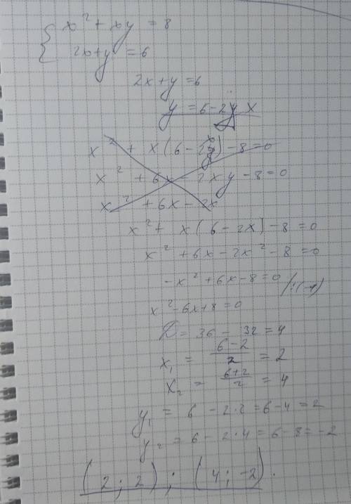 Систем розв'яжіть систему рівнянь {х^2+ху=,8{2х+у=6