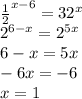 \frac{1}{2} ^{x-6}= 32^{x} \\ 
 2 ^{6-x}= 2^{5x} \\ 6-x=5x \\ -6x=-6 \\ x=1