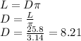 L=D\pi\\
D=\frac L\pi\\
D=\frac{25.8}{3.14}=8.21